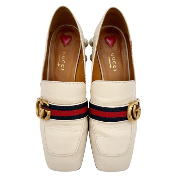 Gucci Peyton Pearl Loafer in White EU 37 US 7 GG Logo Web Stripe Block Low Heel - Picture 2 of 13